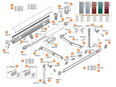 F45 L Polar White 450-550 kazettás naptető alkatrészek alul a robbantott ábrán!