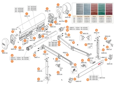 F45 TiL Titanium 450-550 kazettás naptető alkatrészek alul a robbantott ábrán!