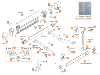 F45 Ti/F1 Titanium VW T5 260 kazettás naptető alkatrészek alul a robbantott ábrán!
