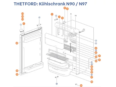 THETFORD Hűtőszekrény N90 / N97 alkatrészek alul a részletes ábrán!