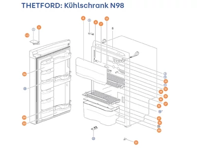 THETFORD Hűtőszekrény N98 alkatrészek alul a részletes ábrán!