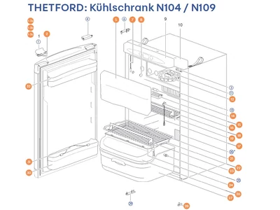 THETFORD Hűtőszekrény N104 / N109 alkatrészek alul a részletes ábrán!