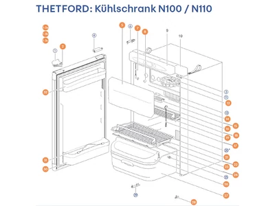 THETFORD Hűtőszekrény N100 / N110 alkatrészek alul a részletes ábrán!