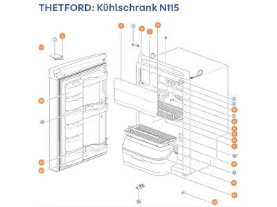 THETFORD Hűtőszekrény N115 alkatrészek alul a részletes ábrán!