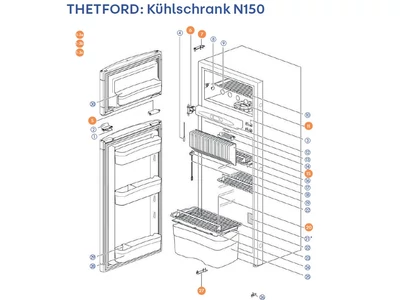 THETFORD Hűtőszekrény N150 alkatrészek alul a részletes ábrán!