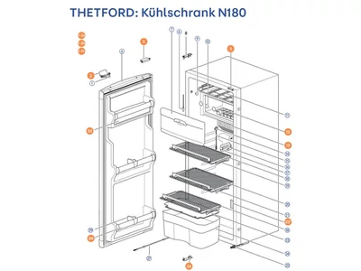THETFORD Hűtőszekrény N180 alkatrészek alul a részletes ábrán!