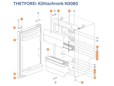 THETFORD Hűtőszekrény N3080 alkatrészek alul a részletes ábrán!