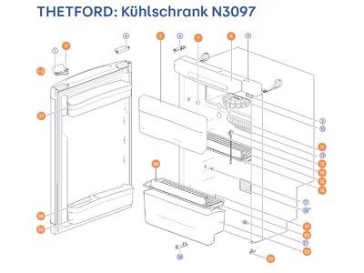 THETFORD Hűtőszekrény N3097 alkatrészek alul a részletes ábrán!