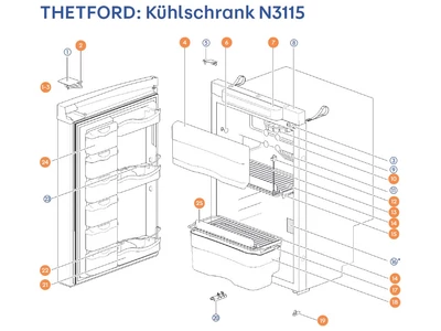 THETFORD Hűtőszekrény N3115 alkatrészek alul a részletes ábrán!