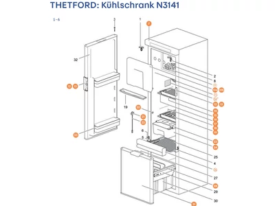 THETFORD Hűtőszekrény N3141 alkatrészek alul a részletes ábrán!
