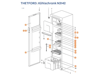 THETFORD Hűtőszekrény N3142 alkatrészek alul a részletes ábrán!