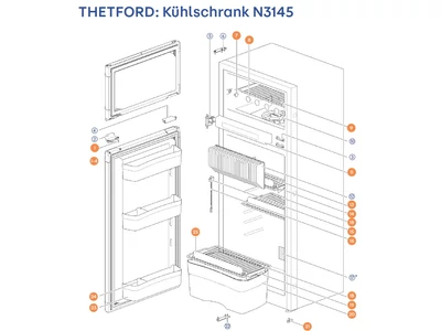 THETFORD Hűtőszekrény N3145 alkatrészek alul a részletes ábrán!