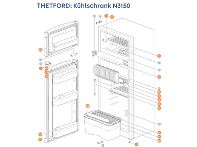 THETFORD Hűtőszekrény N3150 alkatrészek alul a részletes ábrán!