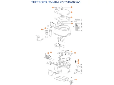 THETFORD Porta Potti 565 toalett alkatrészek alul a részletes ábrán!