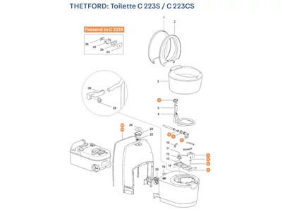 THETFORD C223 S / CS kazettás toalett alkatrészek alul a részletes ábrán!