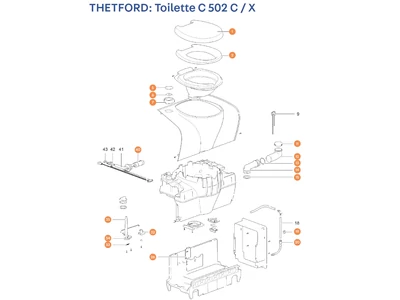 THETFORD C502 C / X kazettás toalett alkatrészek alul a részletes ábrán!
