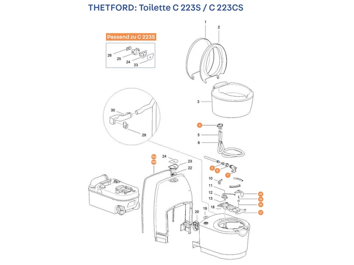 THETFORD C223 S / CS kazettás toalett alkatrészek alul a részletes ábrán!