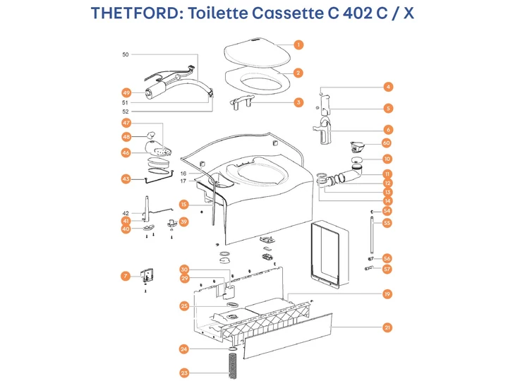 THETFORD C402 C / X kazettás toalett alkatrészek alul a részletes ábrán!