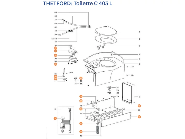 THETFORD C403 L kazettás toalett alkatrészek alul a részletes ábrán!