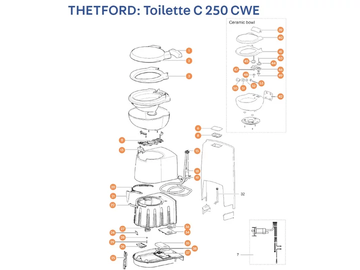 THETFORD C250 CWE kazettás toalett alkatrészek alul a részletes ábrán!