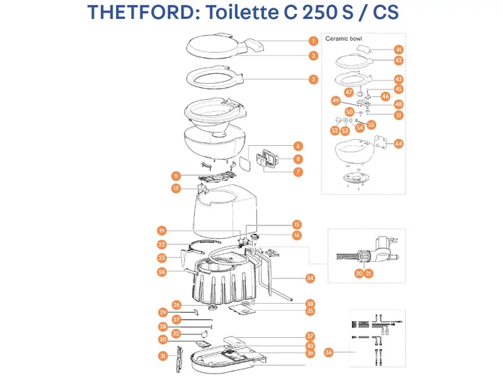 THETFORD C250 S / CS kazettás toalett alkatrészek alul a részletes ábrán!