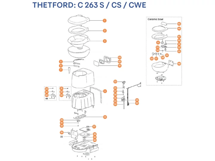 THETFORD C263 S / CS / CWE kazettás toalett alkatrészek alul a részletes ábrán!