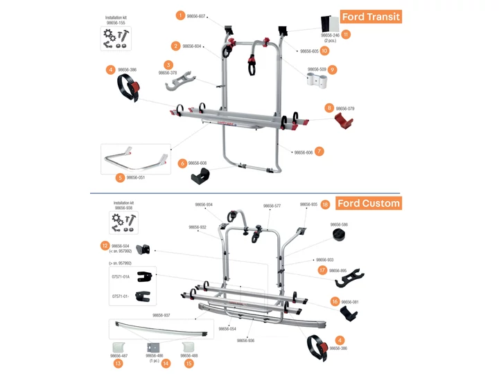 Carry Bike Ford Transit / Ford Custom alkatrészek alul a robbantott ábrán!