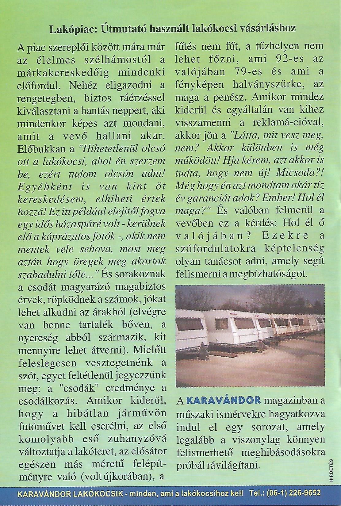 Lakópiac - Útmutató használt lakókocsi vásárláshoz, 1. rész