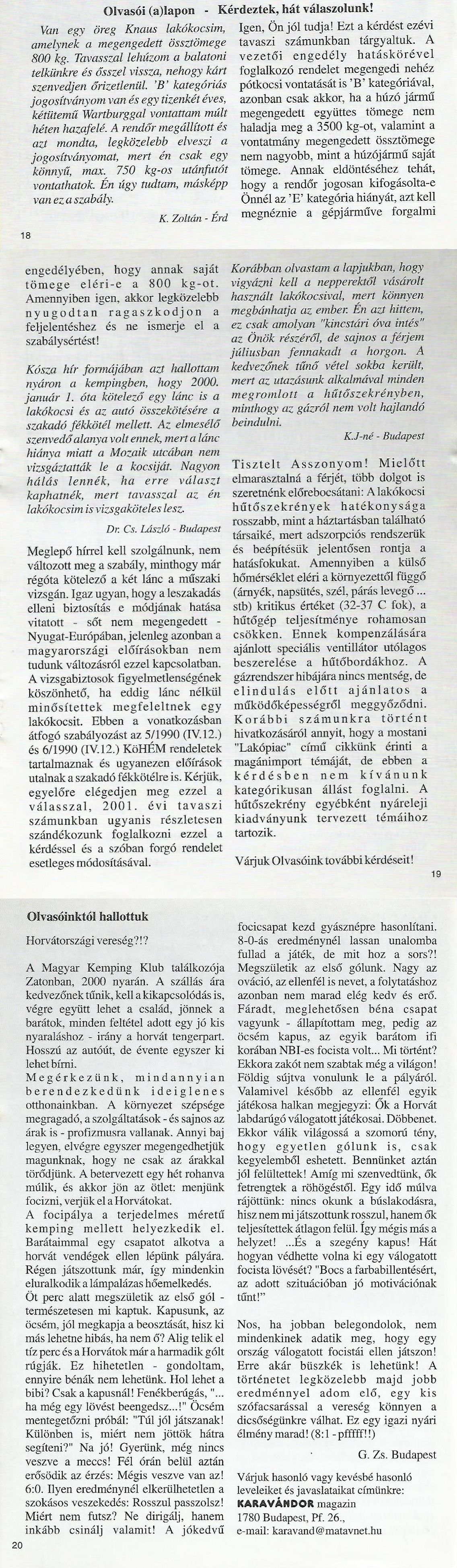 Karavándor magazin 2000. Tél, Olvasói alapon