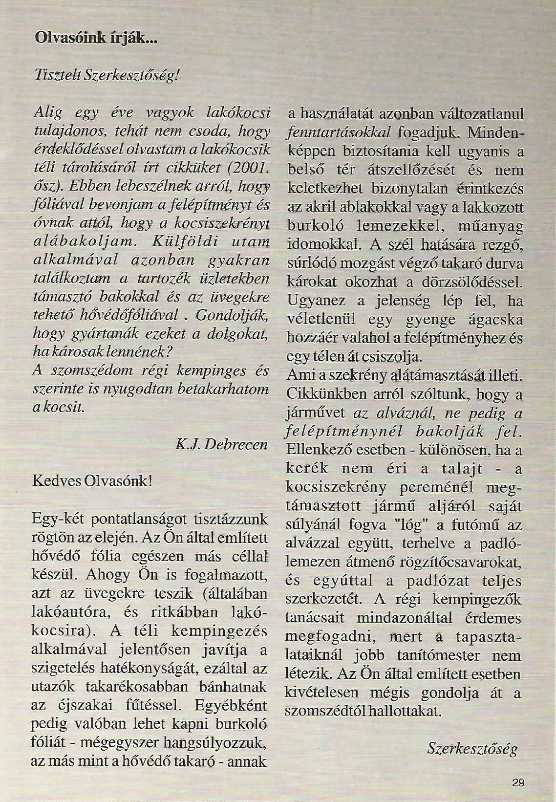 Karavándor magazin 2001. Tél, Olvasóink írják